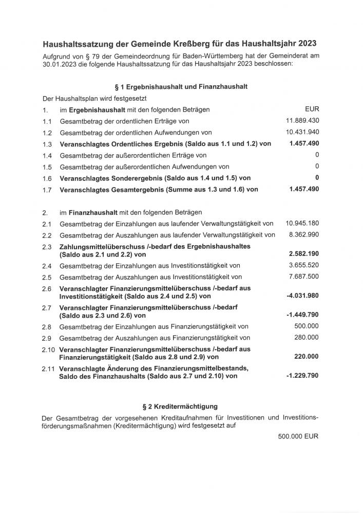 Haushaltssatzung der Gemeinde Kreßberg für das Haushaltsjahr 2023